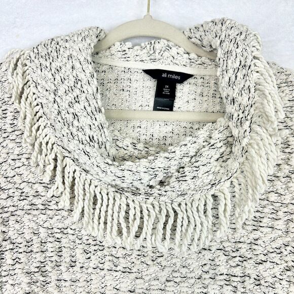 Ali Miles Cowl Neck Sweater Fringe Yarn Knit Size 2X Natural Boucle Chenille - Picture 3 of 8